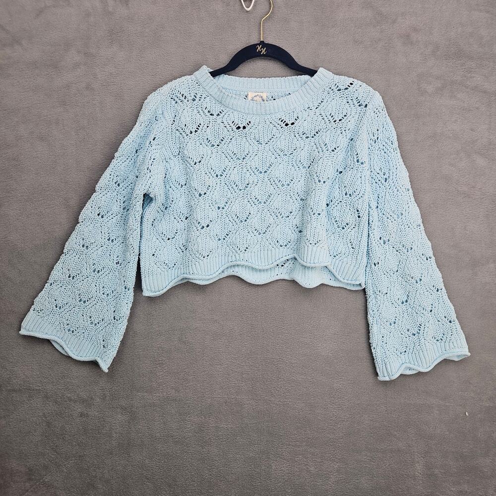 Blue Rain Cropped Knit Sweater Womens Small Boho Cottagecore Bell Sleeve